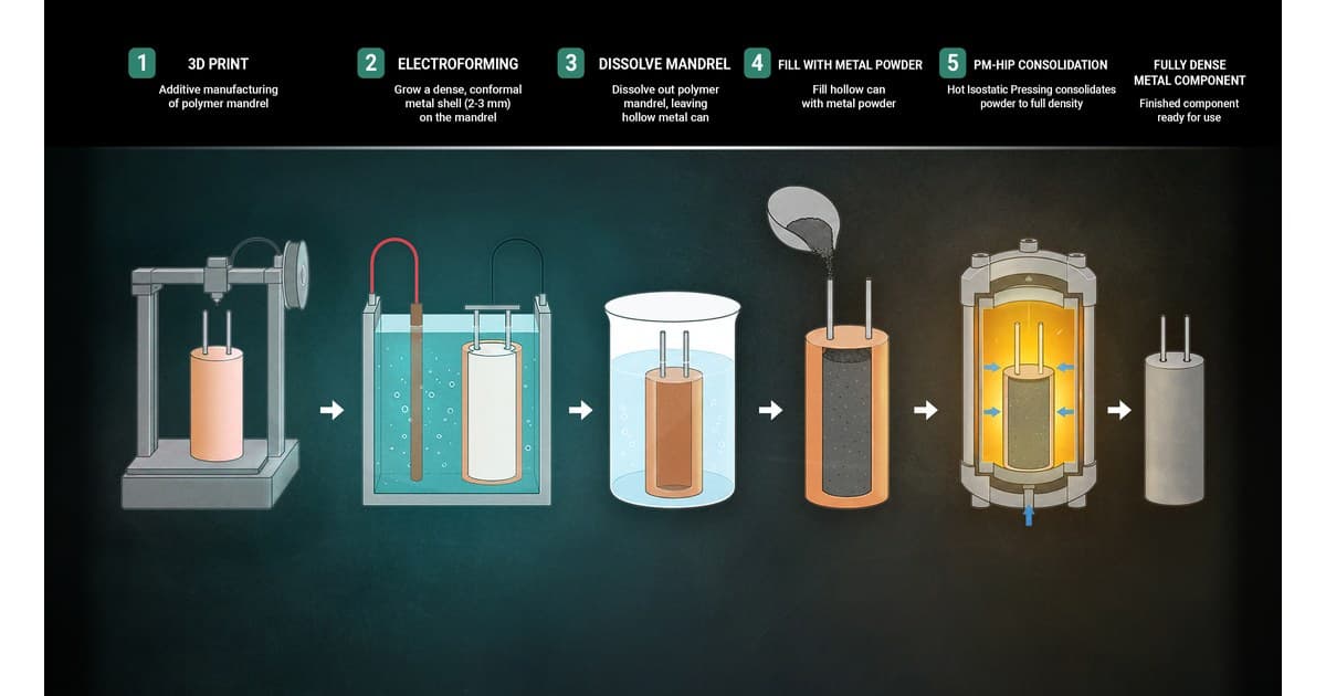 Esquema da rota com impressão 3D, eletroformação e HIP. Ilustração: Morgan Manning e Brett Hopwood, ORNL, Departamento de Energia dos EUA.