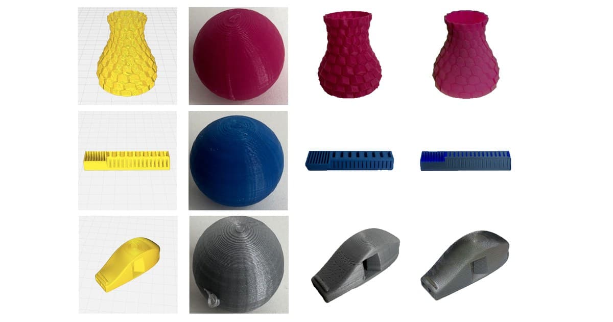 Comparação entre objetos, materiais e prévias produzidas pelo VisiPrint. Imagem: pesquisadores, via MIT News.