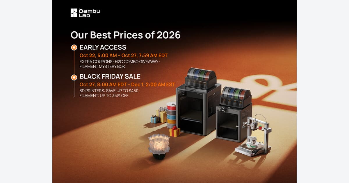 Arte oficial da campanha internacional de Black Friday 2026 da Bambu Lab.. Crédito: Bambu Lab, arte oficial do anúncio internacional de Black Friday 2026