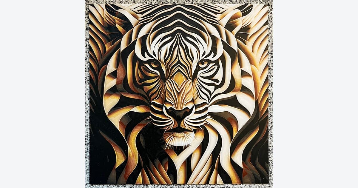 Arte de tigre apresentada na galeria oficial de exemplos HueForge. Imagem: HueForge.. Crédito: HueForge, imagem da galeria oficial; crédito individual não identificado nos metadados coletados.